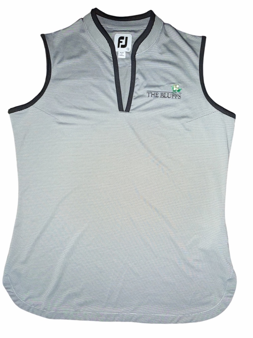 FootJoy, Size S, Black/Grey Stripe, sleeveless golf polo, “The Bluffs” embroider
